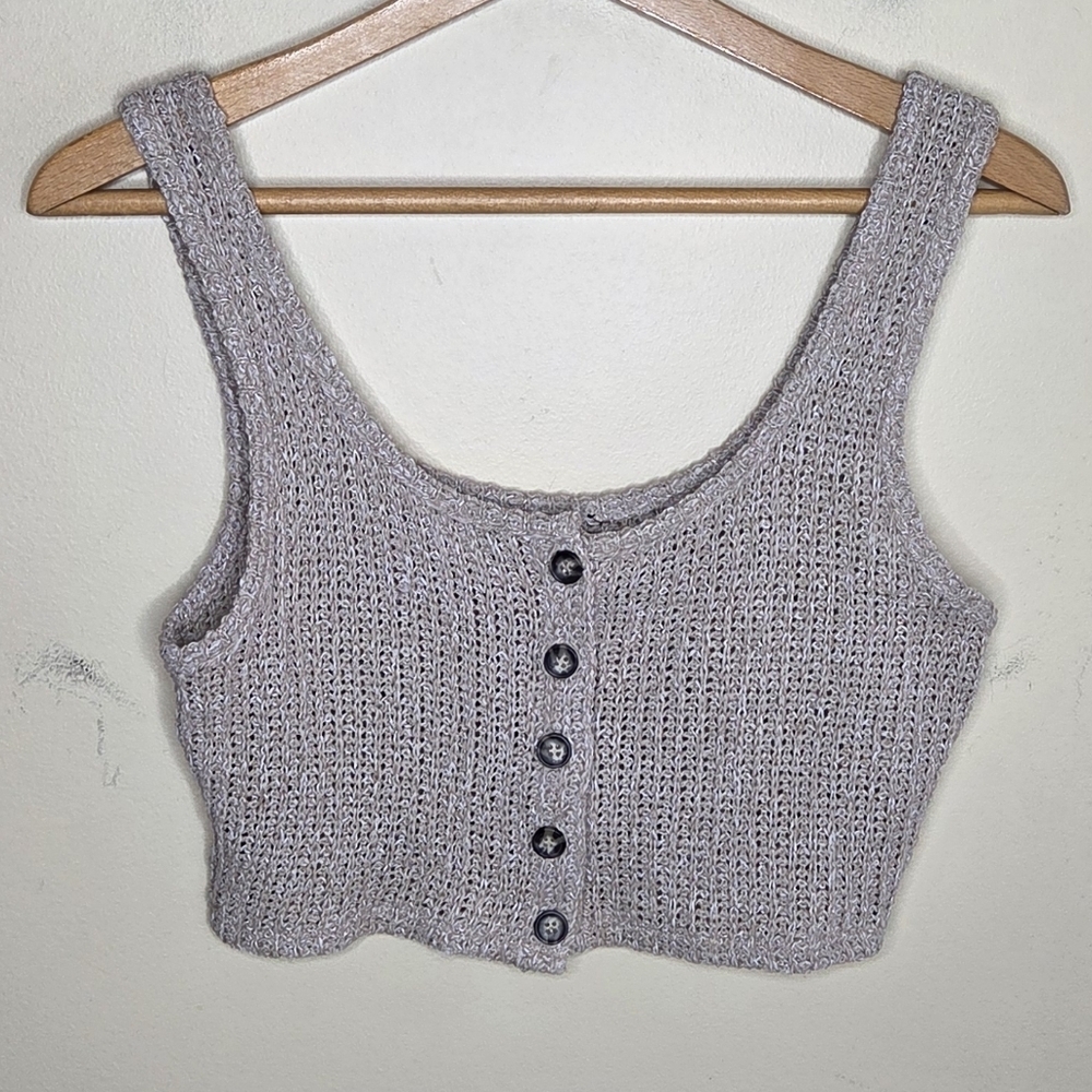 Beige Cropped Knit Button Front Sweater Tank Size Large Boho Festival Minimalist